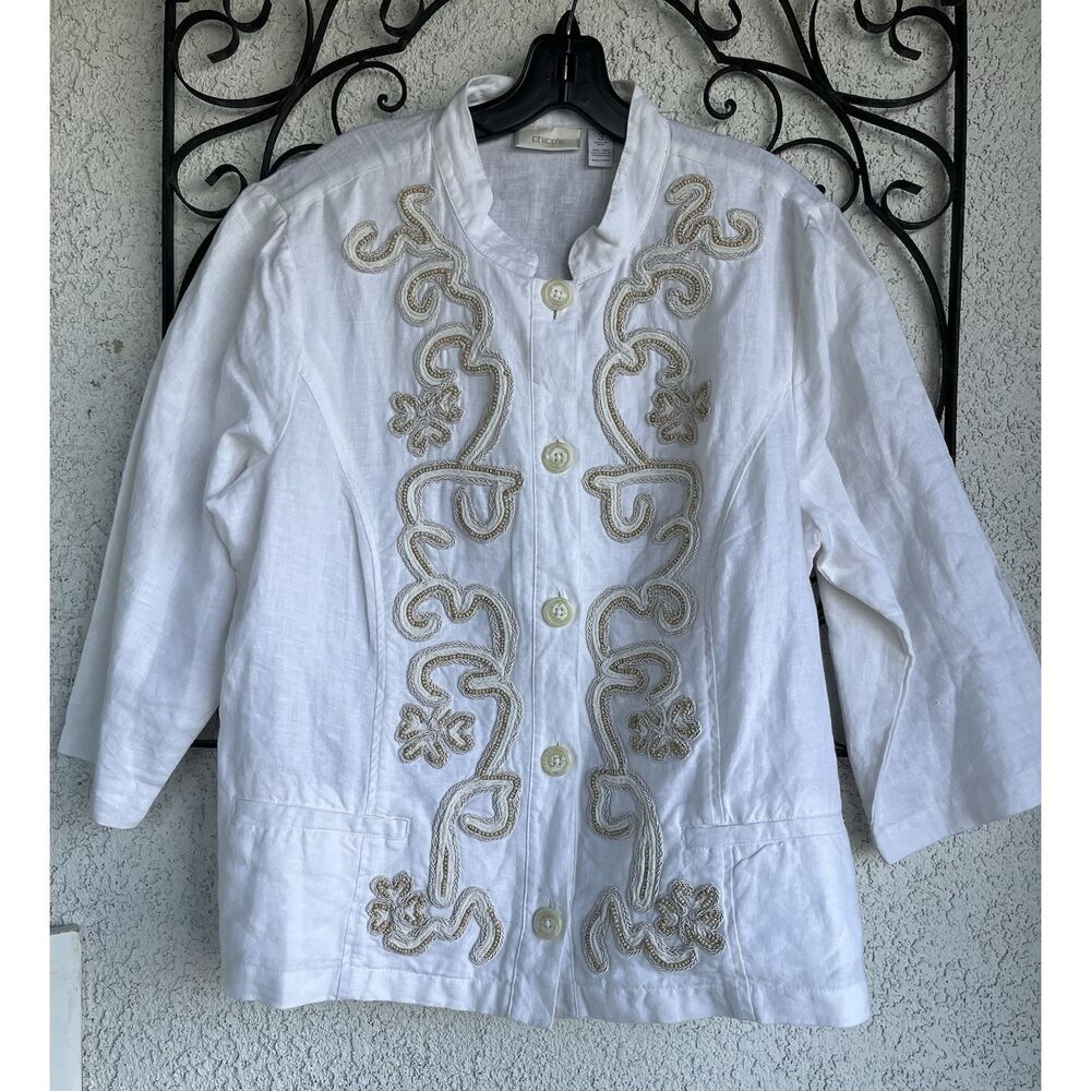 Chicos Linen Boho Beaded Jacket - Size 3/ XL Or 16 - White/ Tan Beads